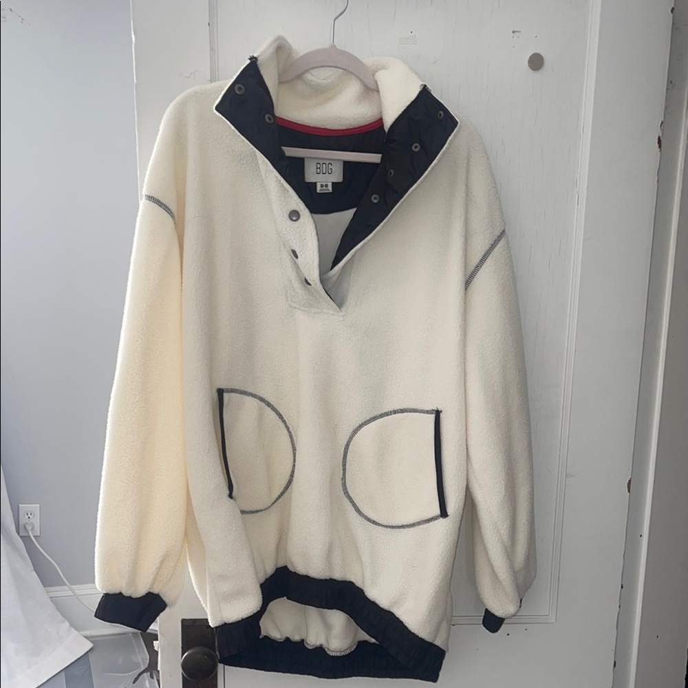 BDG Cream Teddy Pullover Jacket with Black Trim